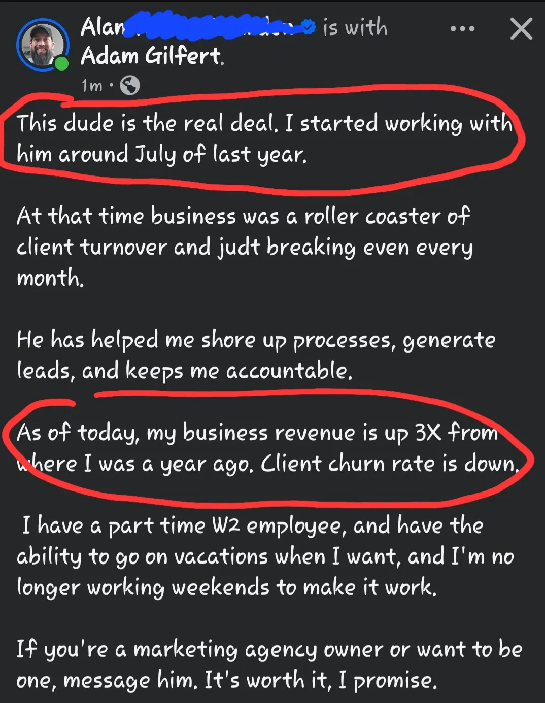 3x’d his business! “Adam is the real deal”